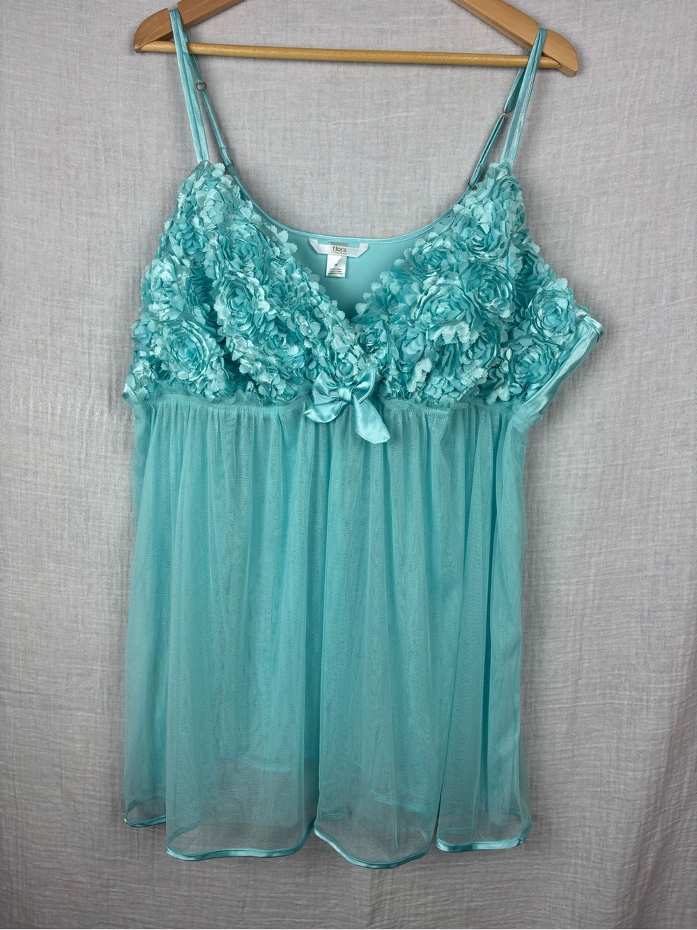 Flora Plus Size 3X Aqua Floral Appliqué Sheer Babydoll Lingerie